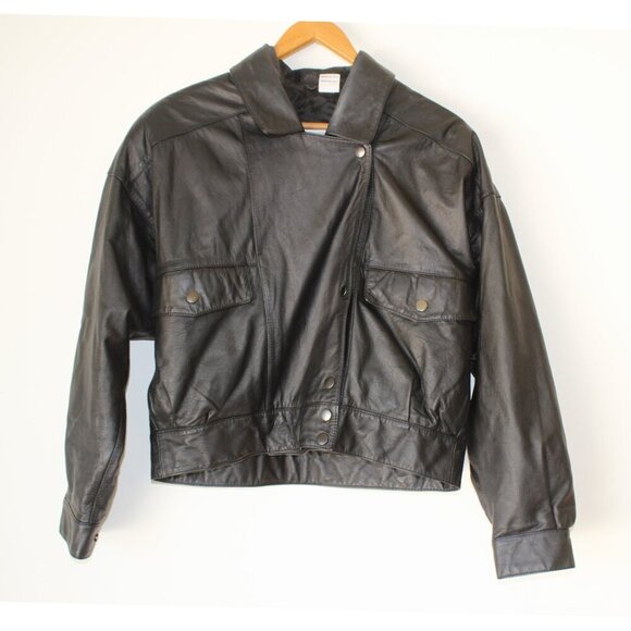 Vintage 80's Together Leather Bomber Black Jacket Small Motorcycle Pocket button - Picture 11 of 13